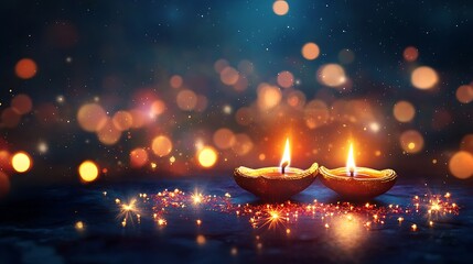 Glowing Diwali diyas with beautiful bokeh lights high resolution picture