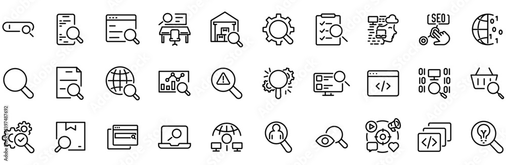 Poster set of 30 outline icons related to search. linear icon collection. editable stroke. vector illustrat