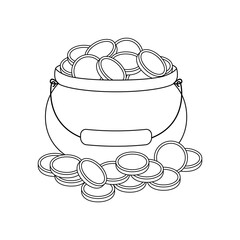Kettle of money. Coloring page with contour coins in pot. Black and white image for painting or decorating.