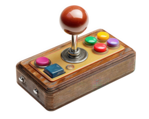 vintage joystick with colorful buttons, featuring wooden base and shiny ball top, evokes nostalgia for classic gaming. This unique design is perfect for collectors and gaming enthusiasts