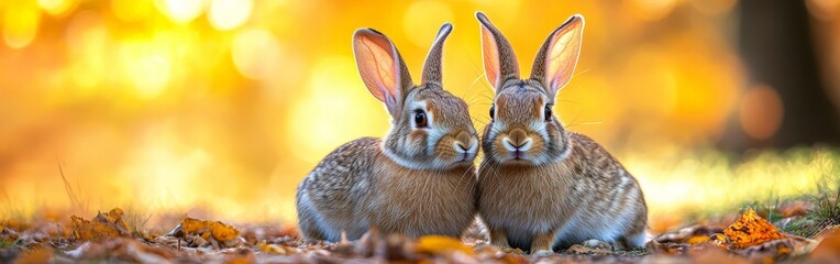 Obraz premium Two Rabbits Sitting on a Path - Peaceful Outdoor Setting with Green Grass and Natural Lighting