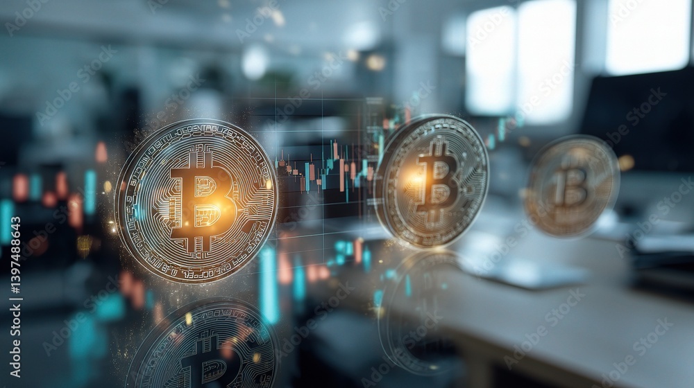 Poster futuristic coins on digital display with glowing blockchain elements