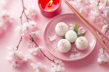 Rice Balls with Cherry Blossom on Plate with Candle and Chopsticks