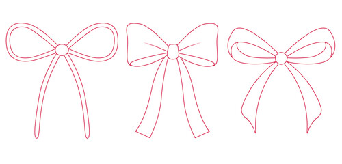 Minimalistic red line bows set vector illustration isolated on white background for invitations, greeting cards, packaging, textile, stickers, wedding or valentines design