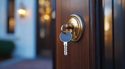 Close up of a key in a golden lock on a wooden door with a blurred background of a house outside