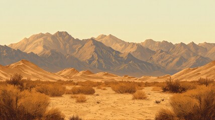 Naklejka premium Warm Desert Landscape with Distant Mountains