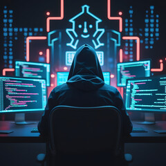 Step into a high-tech hacker workspace designed for cinematic projects, digital content creation, and futuristic design needs. This realistic hacker scene features a dark and moody environment,