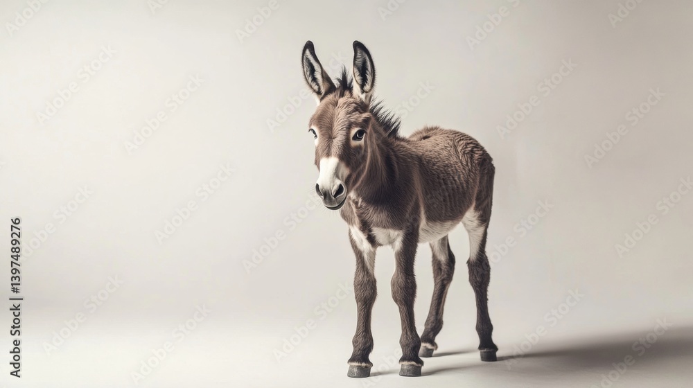 Poster mini donkey standing in a rustic setting with soft shadows and a white background, showcasing its ad