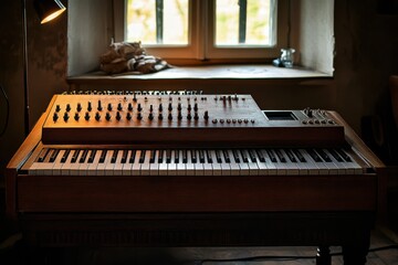 An elegant synthesizer rests in a cozy room, emanating a classic vibe, while sunlight peeks through the window.