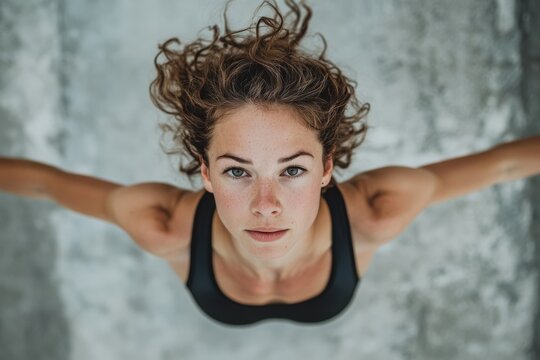 A woman with curly hair stands, arms outstretched, exuding strength and freedom against a textured concrete background.