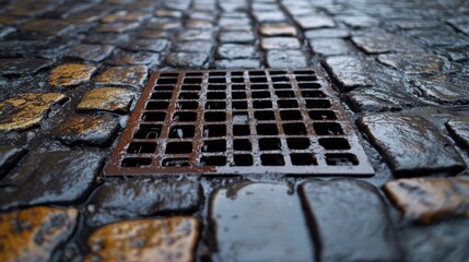 Urban Drainage System - Close-up of Street Grate After Rainfall