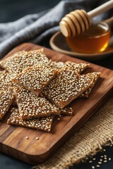 Fototapeta premium Crispy sesame seed bars on wooden cutting board, honey dipper