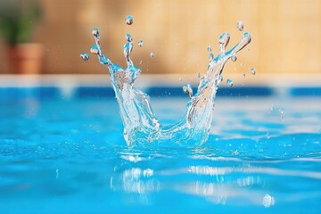 Water splash in blue pool with two droplets suspended mid air under bright light captured in high speed motion and frozen impact detail in vivid daylight setting