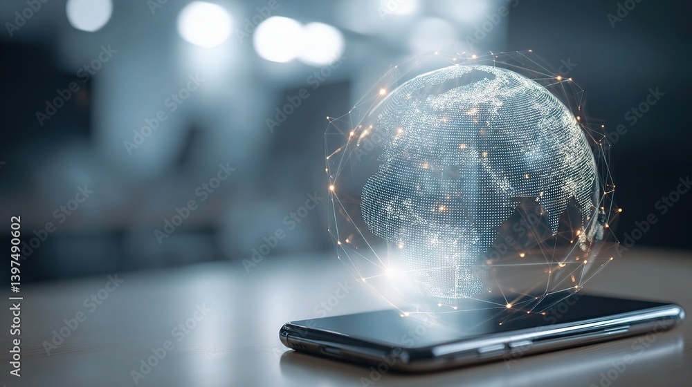 Poster holographic mobile interface displaying digital world on smartphone