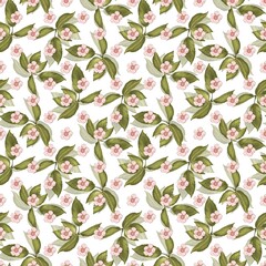 Seamless floral pattern featuring delicate pink blossoms and lush green leaves on a white background. Ideal for spring-themed textiles, wrapping paper, and romantic designs. Soft and elegant look
