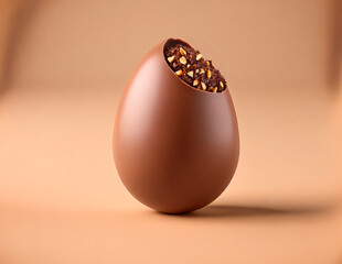 Minimal chocolate Easter egg with smooth cut top, filled with rich brownie-like chocolate cream and chopped nuts. Clean pastel background, photorealistic and natural lighting.