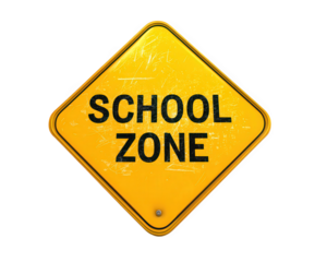 bright yellow school zone sign with bold black lettering, conveying sense of safety and awareness for drivers. This sign is essential for ensuring protection of children in school areas
