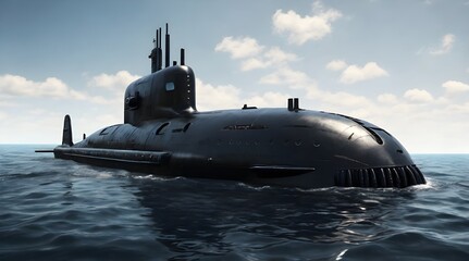 Black modern submarine emerging from the ocean.generative.ai