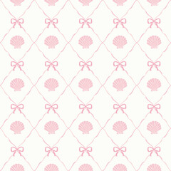 Pink vintage bows with seashells seamless pattern, Vector hand drawn ribbons background illustration.