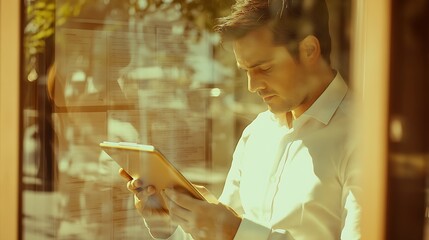 A focused businessman in a white shirt is intently looking at a digital tablet while standing in front of a glass window during golden hour, casting a warm glow around him