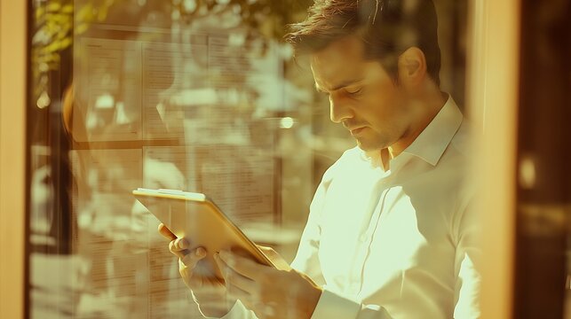 A focused businessman in a white shirt is intently looking at a digital tablet while standing in front of a glass window during golden hour, casting a warm glow around him