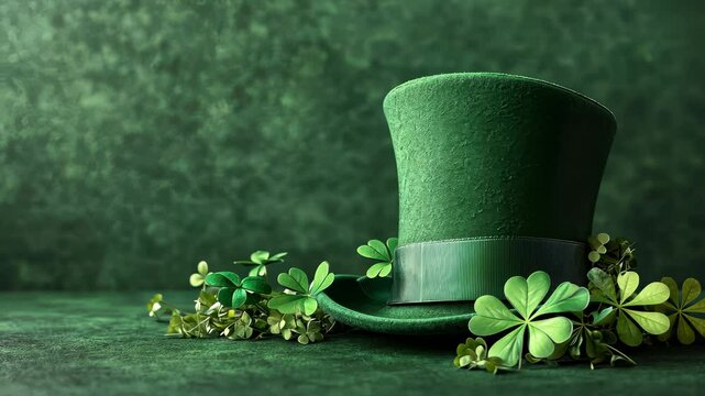Vibrant green leprechaun hat adorned with satin ribbon and shamrock clover leaves background against complementary emerald positioned video 4k