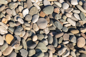Smooth colorful pebbles scattered on a sunlit beach surface close-up shot.