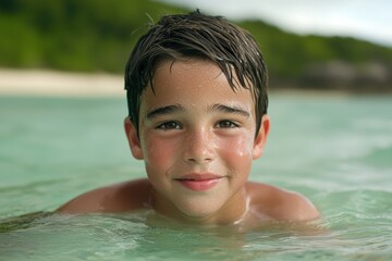 Boy leaning on pool edge with neutral expression partially submerged in calm outdoor water showing stillness and daylight reflection across his face and surface