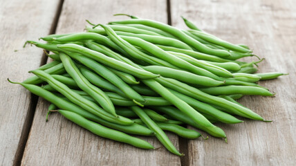 Fototapeta premium Fresh green beans arranged in neat piles on a rustic table, with natural light highlighting their texture and freshness.