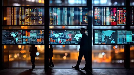 Business professionals walking past large digital data screens with financial graphs and world maps in modern office

