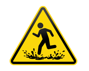 Caution sign depicting person running on slippery surface, emphasizing safety. bright yellow color and clear design convey warning about potential hazards