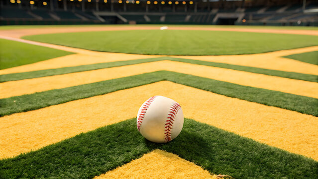 baseball rests on stylized field with vibrant green grass and bright yellow markings, evoking excitement for game ahead