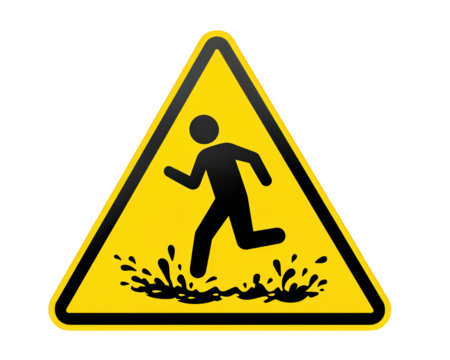 Caution sign depicting person running on slippery surface, emphasizing safety. bright yellow color and clear design convey warning about potential hazards