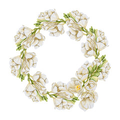 White flower freesia with green buds and leaves, watercolor illustration wreath. For weddings, birthdays, flowers festivals, invitations, flower shops, labels and packaging, cosmetic and perfume.