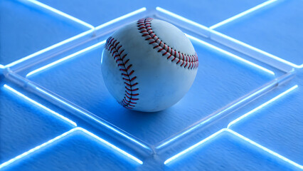baseball rests on glowing digital diamond, showcasing its classic design and vibrant colors. blue light enhances sporty atmosphere
