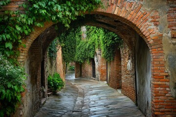 Rustic, narrow cobblestone street under vine-draped arches, depicting an idyllic and timeless European charm.