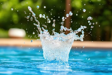 Water splash captured mid air as it hits a blue pool surface in a bright outdoor setting with detailed drops and vibrant movement for high quality water backdrop photo
