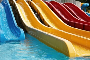 Colorful waterslides curving into a pool creating a joyful summer vibe with bold primary colors perfect for leisure concept in vibrant outdoor activity image