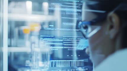 A focused scientist examining digital data on a transparent screen in a laboratory, illuminated by blue light, emphasizing innovation and technology