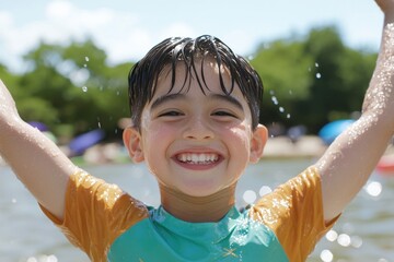 Smiling boy raising arms with joy in a splash park while enjoying water spray during a carefree sunny summer day captured in high quality lifestyle image