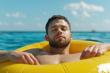 Man relaxing inside a yellow float on calm water during bright summer day eyes closed and head resting in peaceful posture for concept of mental escape and leisure