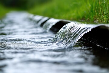 Clear cascading stream flowing over a rocky ledge surrounded by lush green grass in natural setting under daylight with strong visual texture for water environment stock