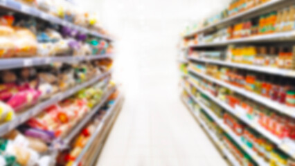 Blur supermarket background. Defocused shelves with products. Grocery store. Retail industry. Discount. Inflation concept. Aisle. Consumer packaged goods. CPG. Rack. Tariff reprieve. Price hikes.