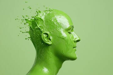Entire human head and shoulders coated in vibrant green paint in front of monochromatic background with smooth matte finish emphasizing conceptual symbolism and individuality