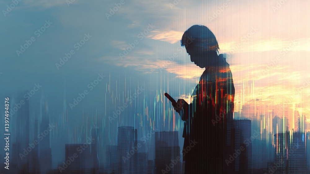 Poster silhouette of a person using smartphone with financial data overlay