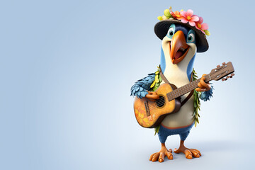 Cheerful 3D cartoon toucan in tropical costume playing guitar on pastel background. Concept of summer entertainment, island music vibe, and fun mascot character for festive promotions