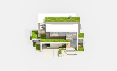 3d rendering of flat roof house with parking and pool for sale or rent with concrete facade and beautiful landscaping on background. Isolated on white