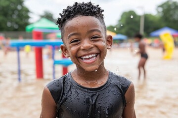 Happy child in black swimsuit laughing on a sandy beach under bright daylight with colorful playground equipment in background in joyful summer outdoor setting