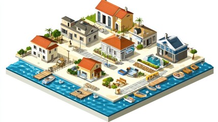 Isometric Coastal Town Scene