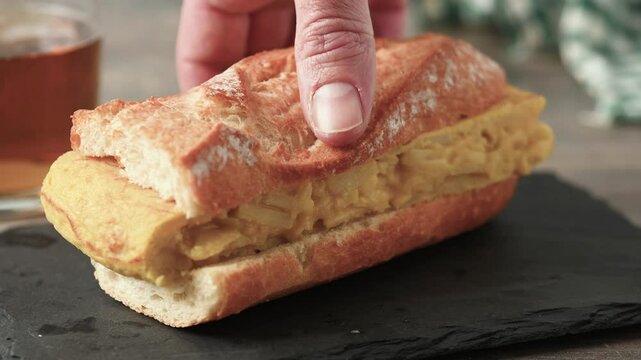 Spanish potato omelette sandwich on wooden table. Bocadillo de tortilla